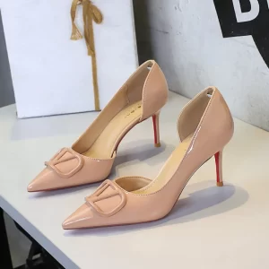 French Square Buckle Side Empty Slim Heel High Heels Women's Shoes Patent Leather Shiny Pointed Toe Shallow Mouth Single Shoes