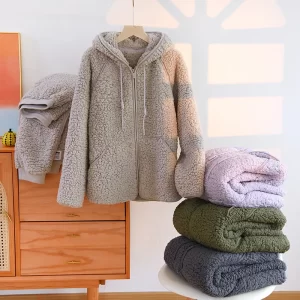 Autumn Winter New Women Warm Soft Couple Coral Fleece Pajamas 2 Pieces Home Suit Casual Hooded Pajamas Night Wear