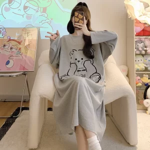 New Spring Summer Cotton Women's Pajamas Cute Long-sleeved Nightdress Cartoon Print Dress Home Service
