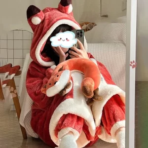 Cartoon Animal Fox Pajamas Women's Winter Coral Fleece Thickened One-Piece Plush Cute Long Hooded plus Size Robe Home wear